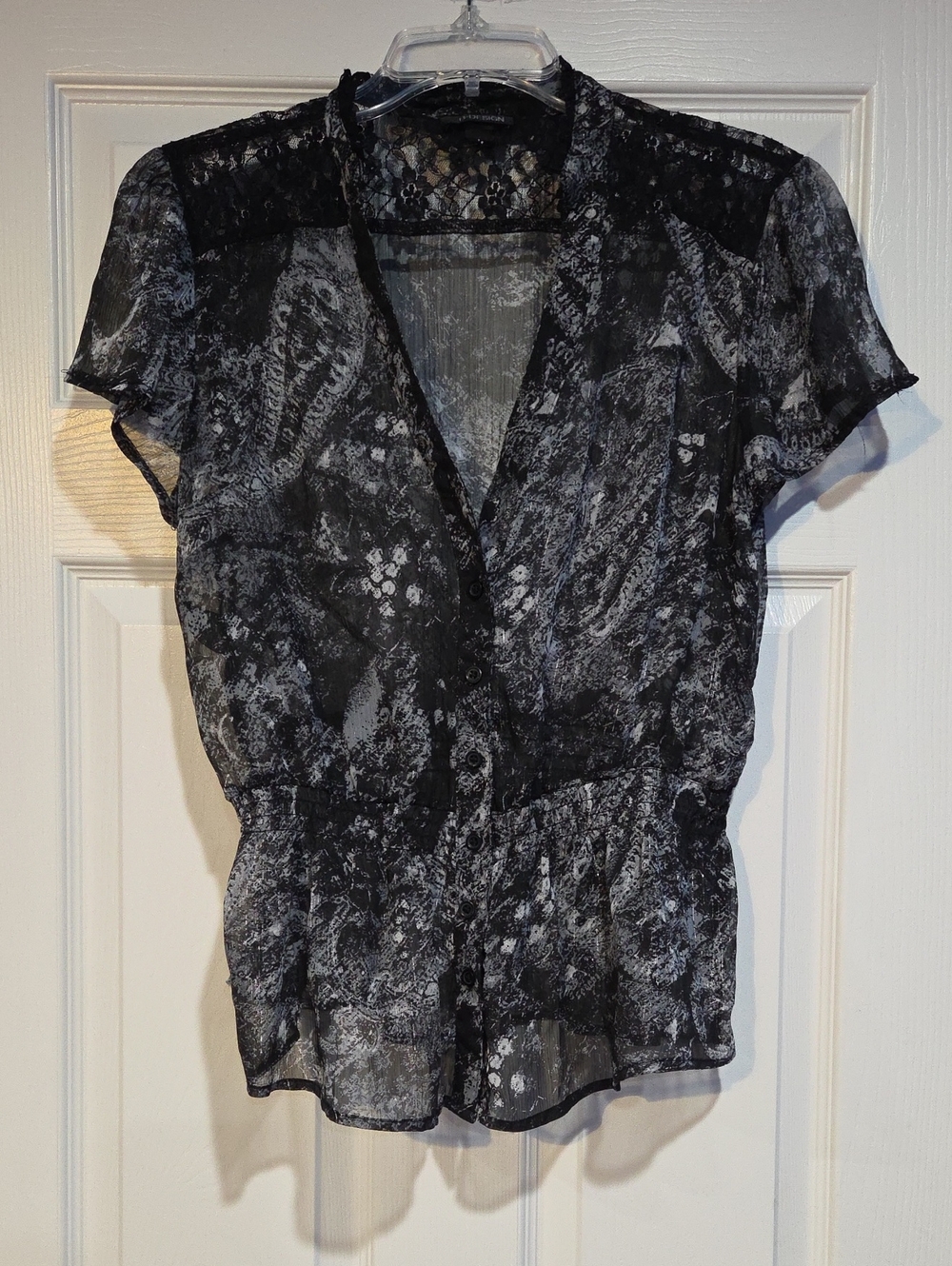 Sheer Black Paisley-Print Button Front Blouse
